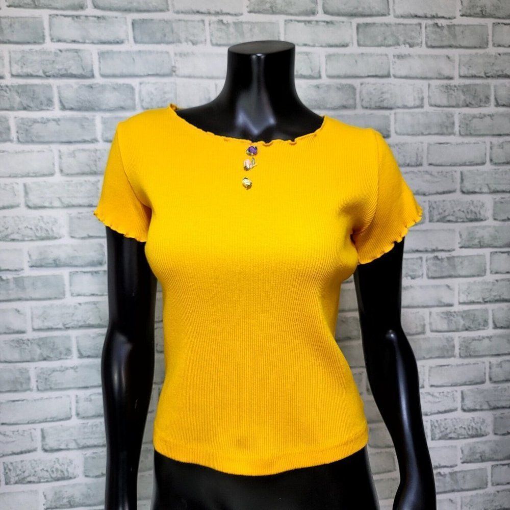 Vintage 90s Y2K CHIC Womens Stretch Ribbed Lettuce Edge Golden Yellow‎ Roses